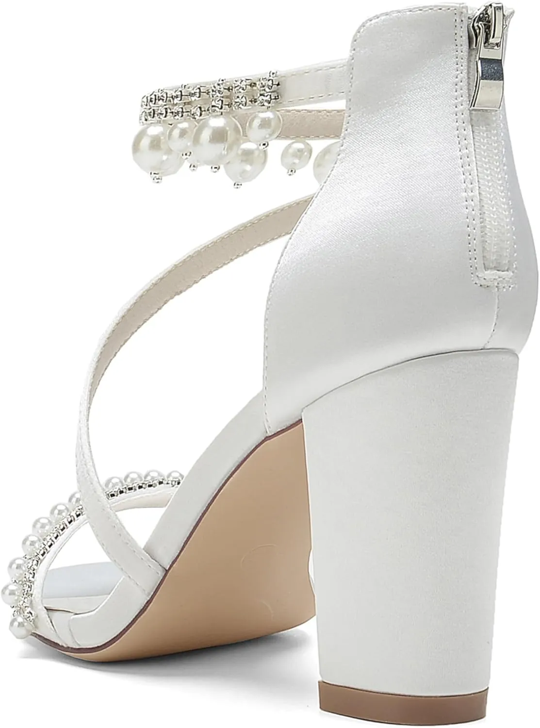Satin Pearls Block Heel Wedding Shoes for Bride Open Toe Zipper Back Women Chunky Heels Formal Party Dress Heeled Sandals 8.5Cm