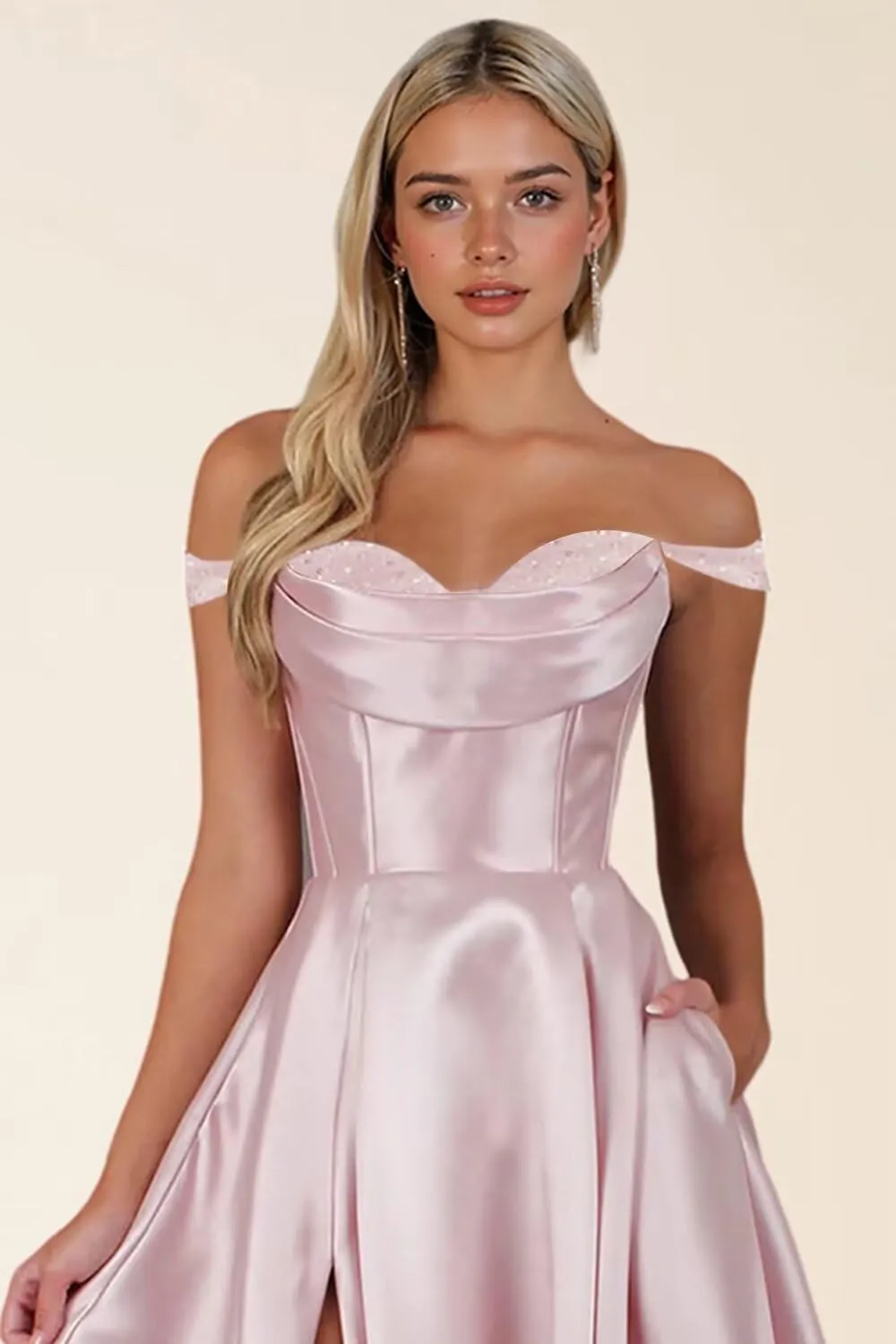 Satin Prom Dress for Women Off The Shoulder Formal Evening Dresses with Slit Sweetheart Ball Gown AD085