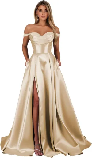 Satin Prom Dress for Women Off The Shoulder Formal Evening Dresses with Slit Sweetheart Ball Gown AD085