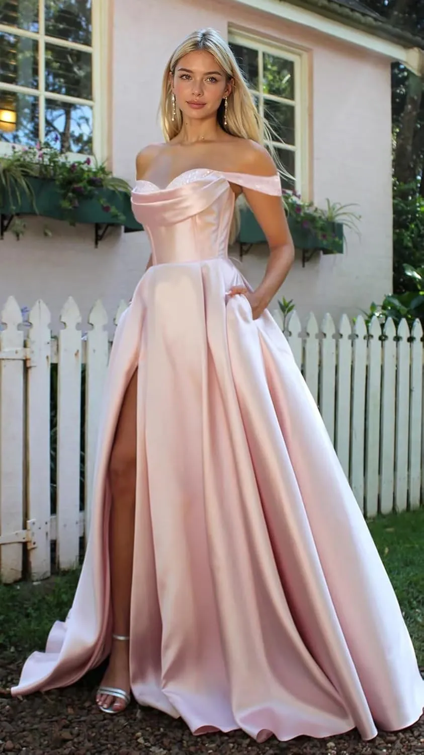 Satin Prom Dress for Women Off The Shoulder Formal Evening Dresses with Slit Sweetheart Ball Gown AD085