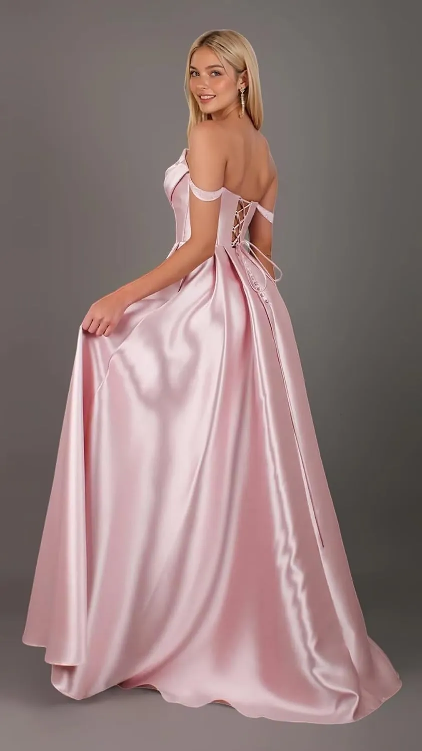 Satin Prom Dress for Women Off The Shoulder Formal Evening Dresses with Slit Sweetheart Ball Gown AD085
