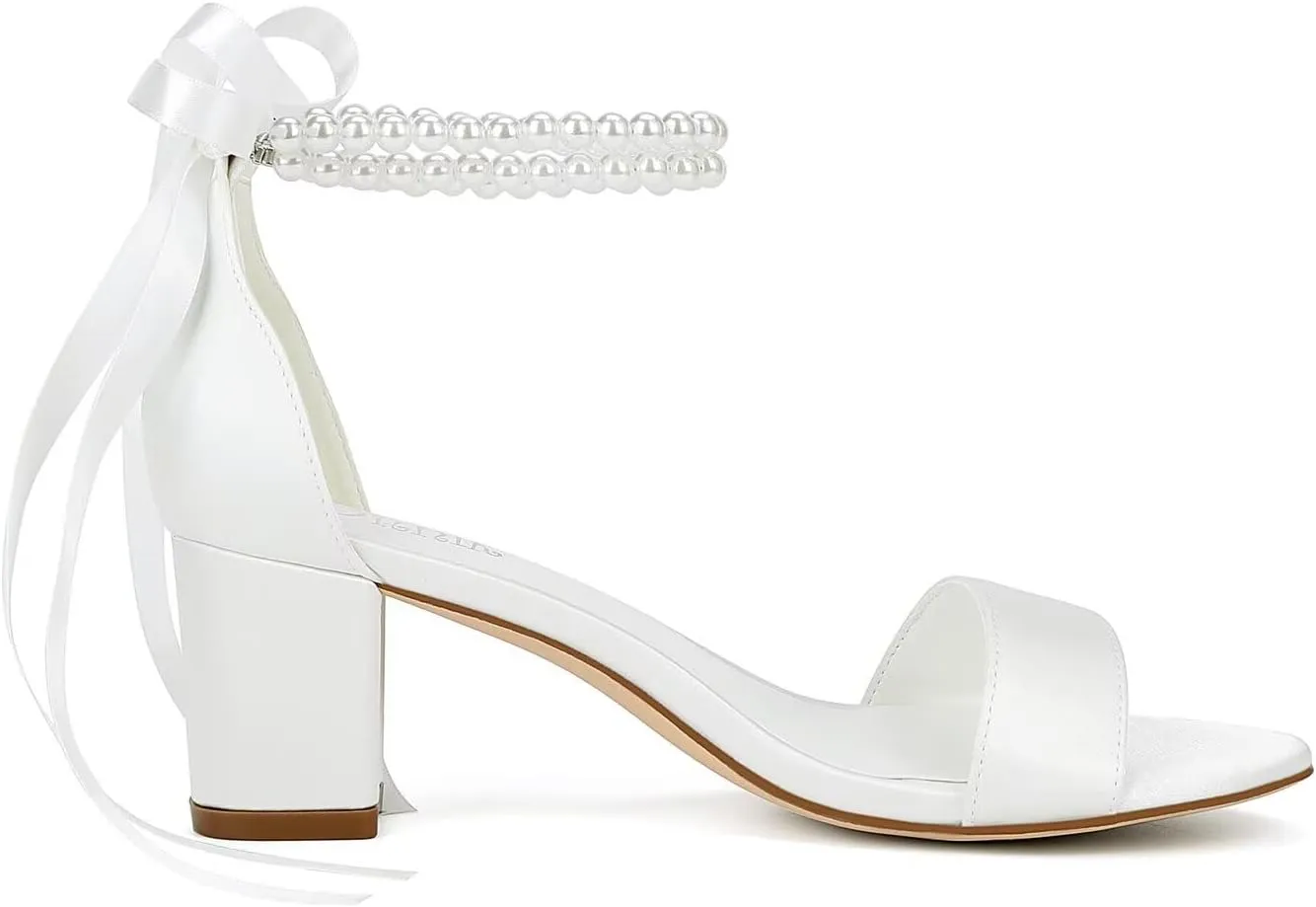 Satin Wedding Shoes for Bride Pearl Heels Bridal Shoes Wedding Heels Block Heel Wedding Sandals