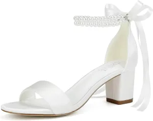 Satin Wedding Shoes for Bride Pearl Heels Bridal Shoes Wedding Heels Block Heel Wedding Sandals