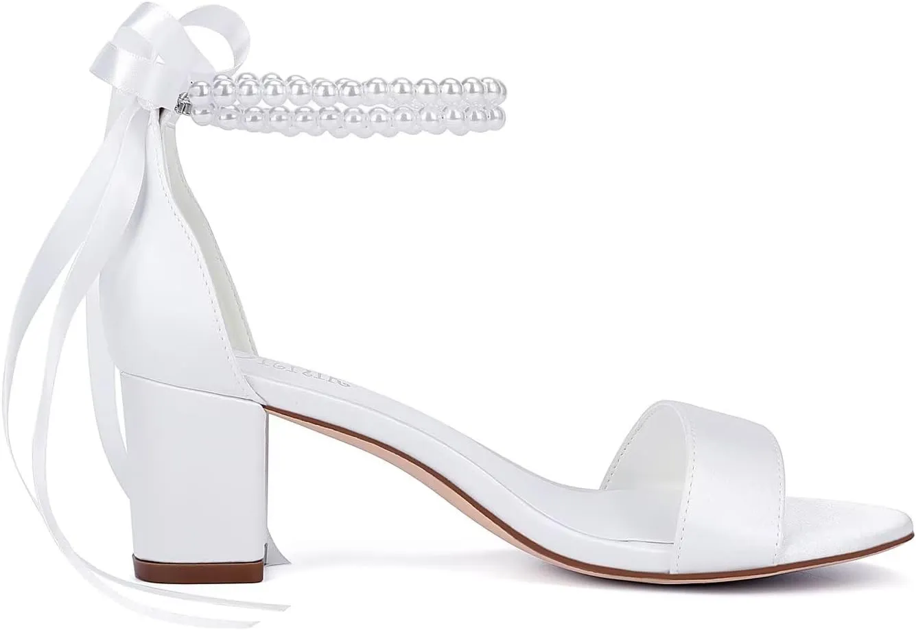 Satin Wedding Shoes for Bride Pearl Heels Bridal Shoes Wedding Heels Block Heel Wedding Sandals