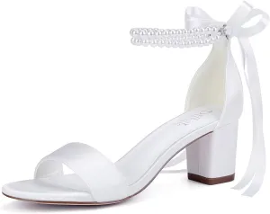 Satin Wedding Shoes for Bride Pearl Heels Bridal Shoes Wedding Heels Block Heel Wedding Sandals
