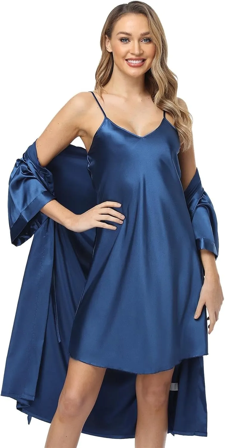 Satin Women's Kimono Robe Gorgeous Loungewear 2PC Set Sleepwear Camisole & Robe