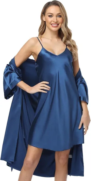 Satin Women's Kimono Robe Gorgeous Loungewear 2PC Set Sleepwear Camisole & Robe
