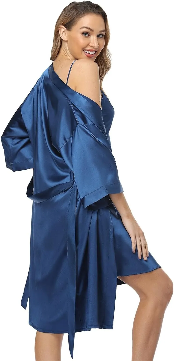 Satin Women's Kimono Robe Gorgeous Loungewear 2PC Set Sleepwear Camisole & Robe