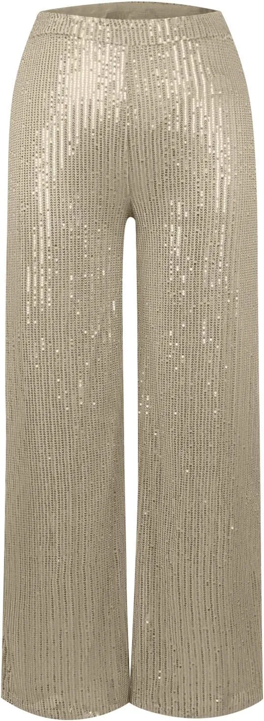 Sequin Pant for Women,2024 Spring Sparkly Glitter High Waist Wide Leg Palazzo Pant Party Club Trouser Bling Legging