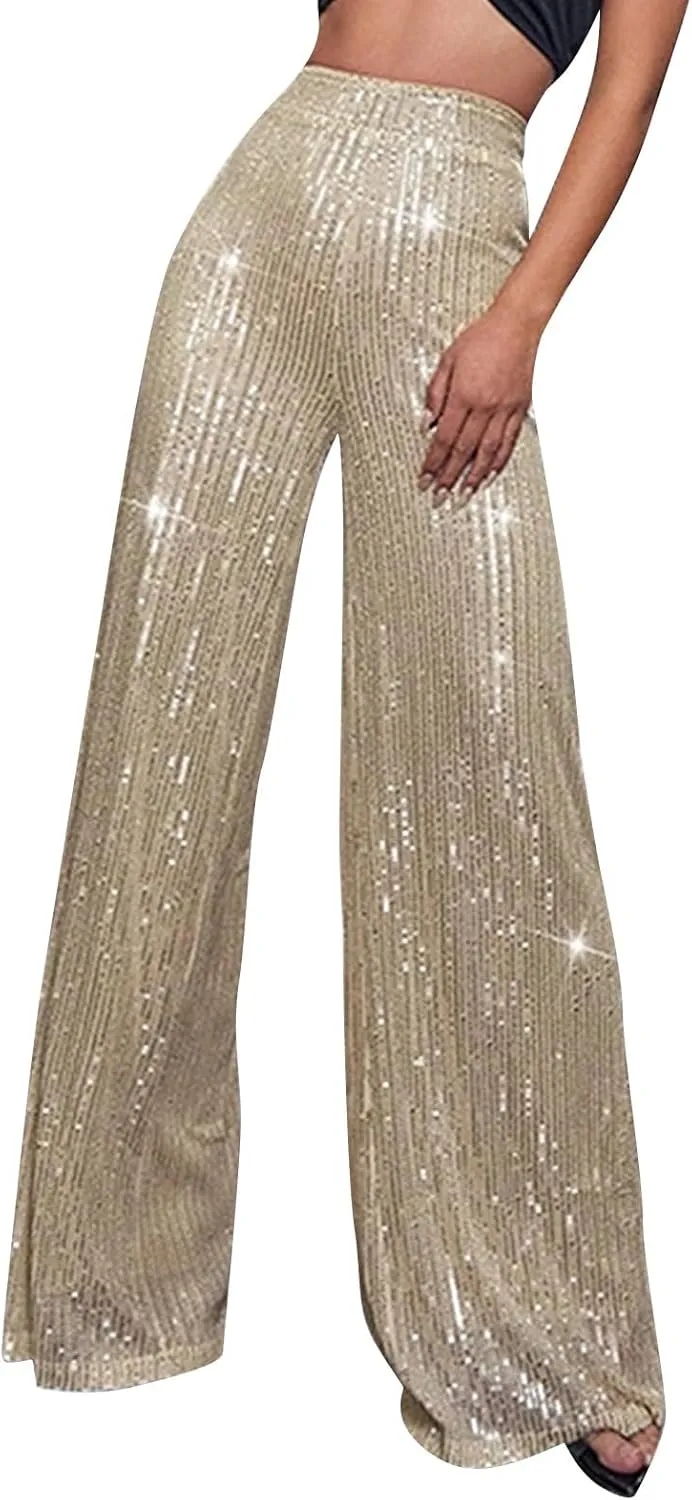 Sequin Pant for Women,2024 Spring Sparkly Glitter High Waist Wide Leg Palazzo Pant Party Club Trouser Bling Legging