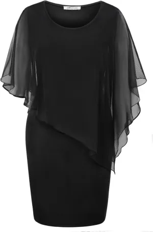 SeSe Code Women's Mesh Cape Overlay Bodycon Knee Length Pencil Dress for Wedding Guest