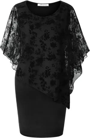SeSe Code Women's Mesh Cape Overlay Bodycon Knee Length Pencil Dress for Wedding Guest