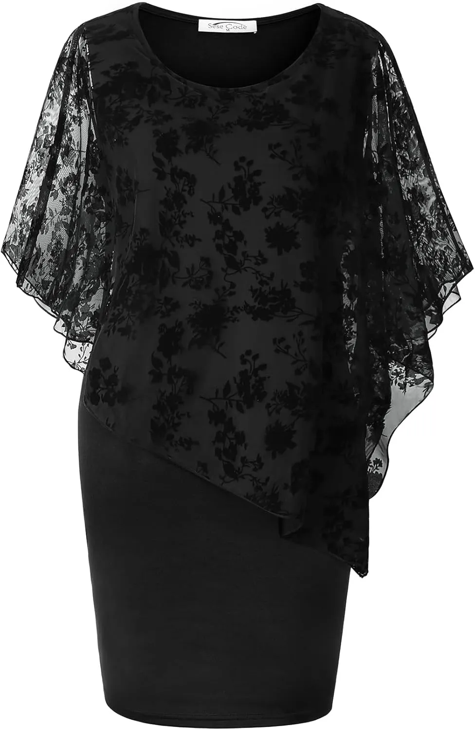 SeSe Code Women's Mesh Cape Overlay Bodycon Knee Length Pencil Dress for Wedding Guest