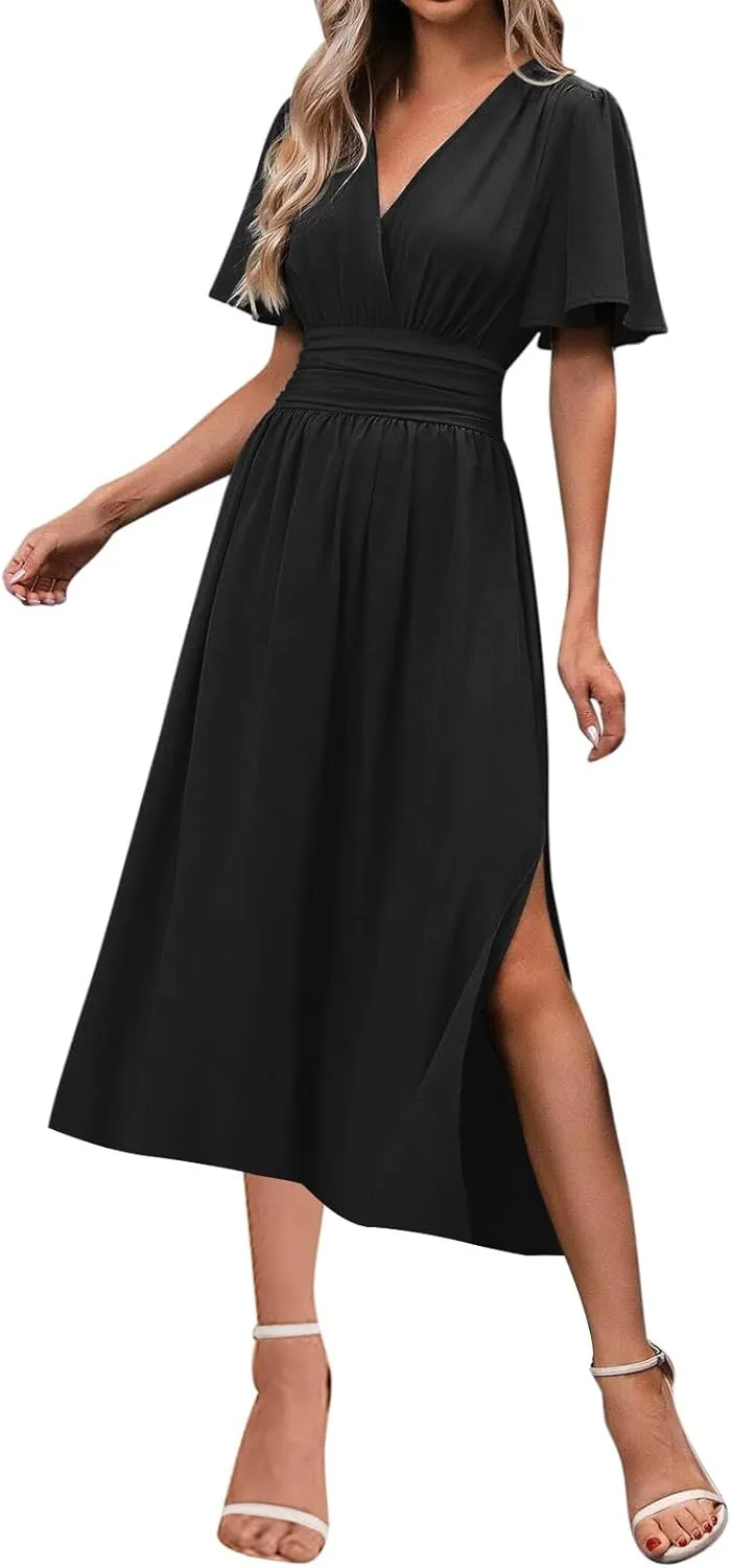 Sexy Deep V Dress for Women Elegant Ruffle Sleeve Front Cross Wrap Midi Skirt Side Slit Comfy Dresses Party Business