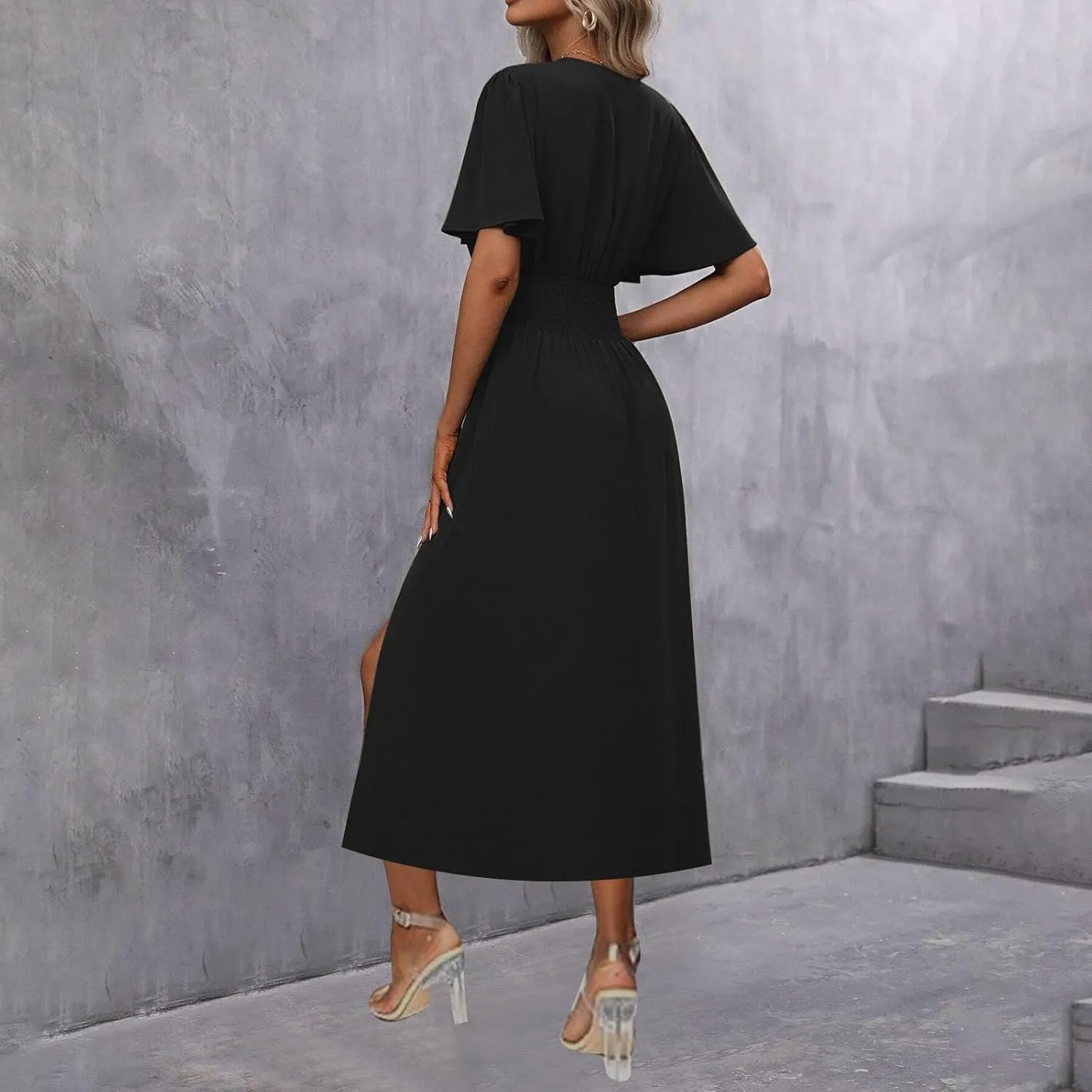 Sexy Deep V Dress for Women Elegant Ruffle Sleeve Front Cross Wrap Midi Skirt Side Slit Comfy Dresses Party Business