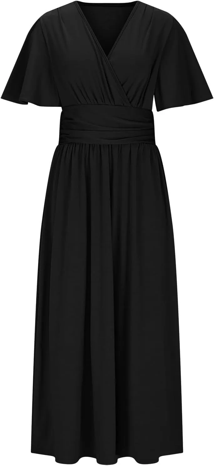 Sexy Deep V Dress for Women Elegant Ruffle Sleeve Front Cross Wrap Midi Skirt Side Slit Comfy Dresses Party Business