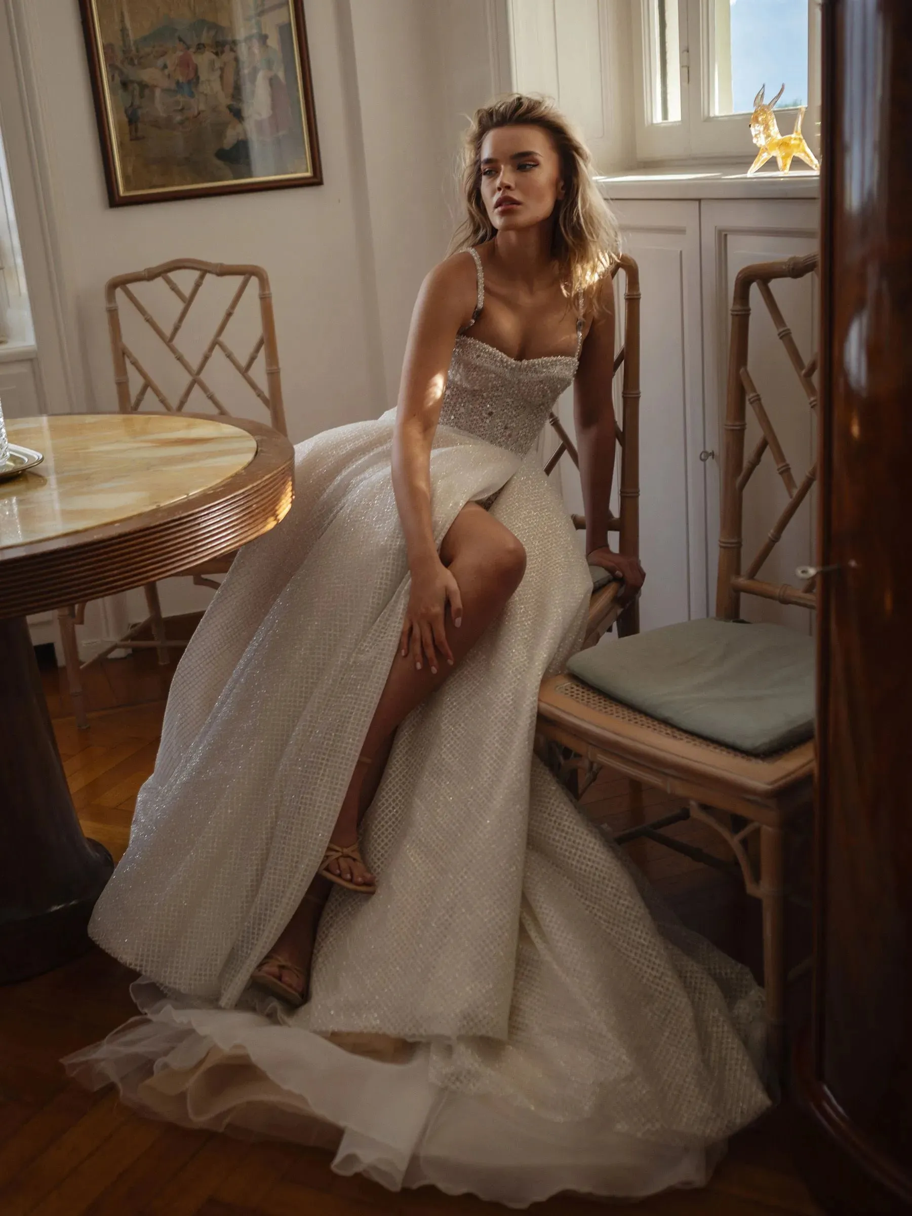 Sexy Spaghetti Straps Glitter Tulle Wedding Dresses A Line Side Split Bridal Gown