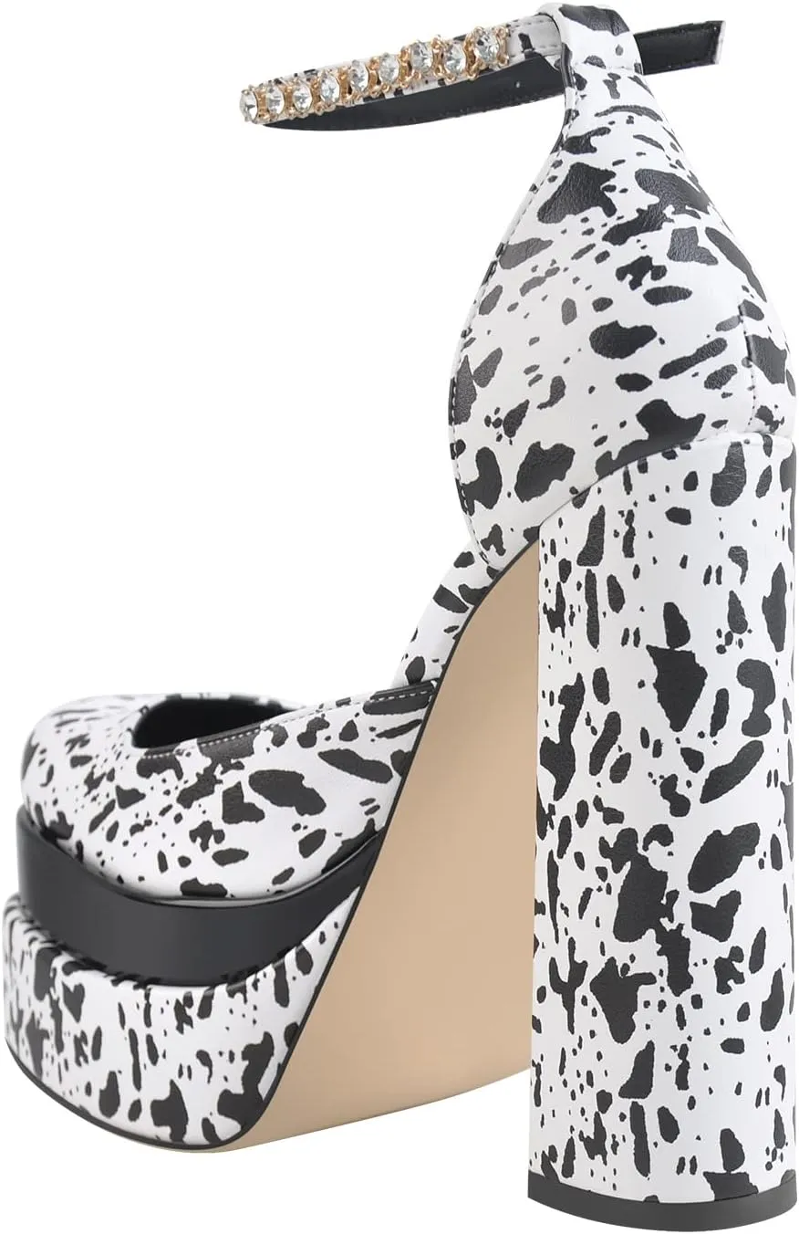 sexytag Women's Platform Heels Ankle Strap Rhinestone Crystal Sandals Square Toe Chunky High Heel Pumps