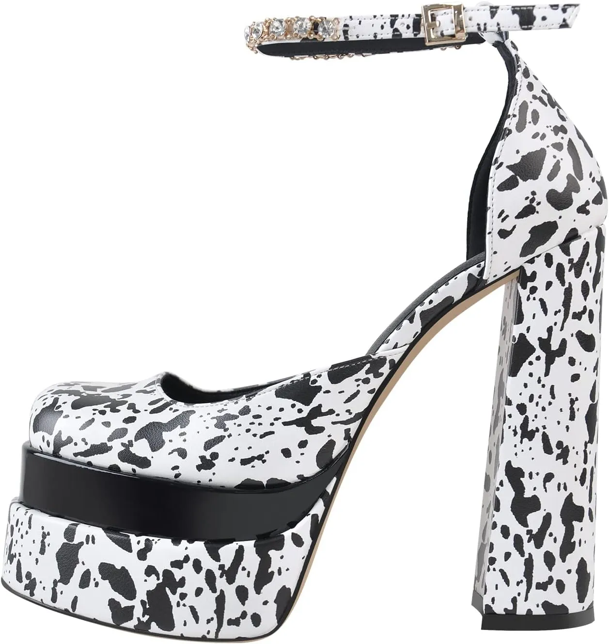 sexytag Women's Platform Heels Ankle Strap Rhinestone Crystal Sandals Square Toe Chunky High Heel Pumps