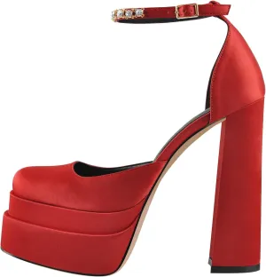 sexytag Women's Platform Heels Ankle Strap Rhinestone Crystal Sandals Square Toe Chunky High Heel Pumps