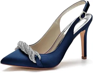 SH. SHUTUP.DANCE Womens Rhinestones Wedding Heels Slip On Bridal Shoes Dress Pumps Party 9.5CM Satin Slingback
