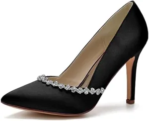 SH. SHUTUP.DANCE Womens Rhinestones Wedding Heels Slip On Bridal Shoes Dress Pumps Party 9.5CM Satin