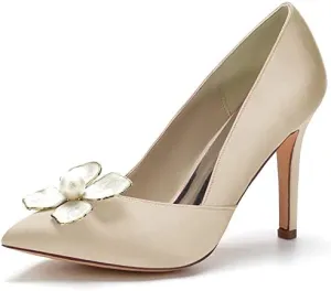 SH. SHUTUP.DANCE Womens Wedding Pearls High Heels Pointed Toe Bridal Shoes Slip On Satin Pumps Prom Party Dress