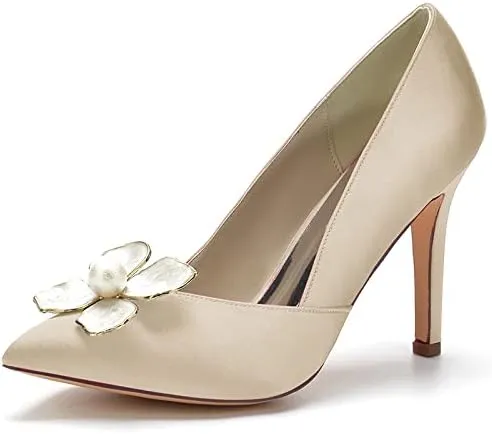 SH. SHUTUP.DANCE Womens Wedding Pearls High Heels Pointed Toe Bridal Shoes Slip On Satin Pumps Prom Party Dress