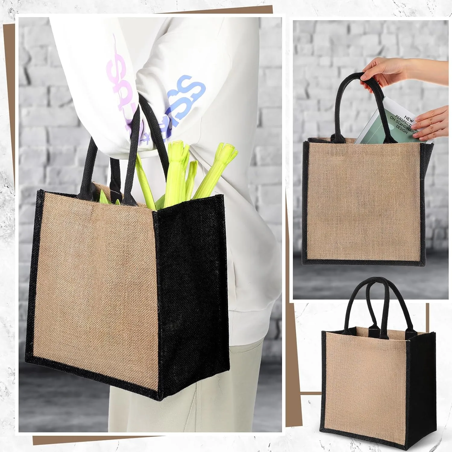 Shappy 10 Pack Burlap Tote Bag Set, Reusable Blank Jute Burlap Grocery Bag with Handle for Bridesmaid Gift Shopping DIY