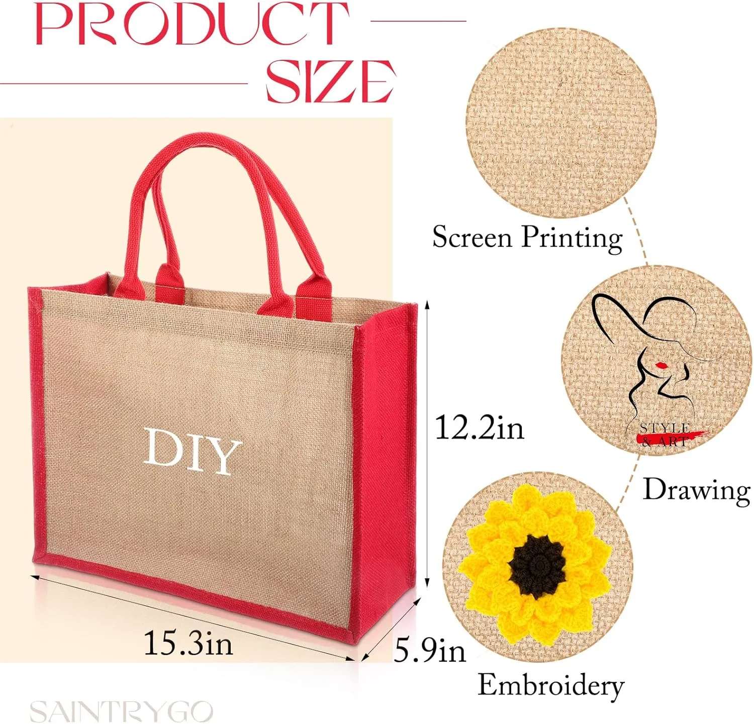 Shappy 10 Pack Burlap Tote Bag Set, Reusable Blank Jute Burlap Grocery Bag with Handle for Bridesmaid Gift Shopping DIY