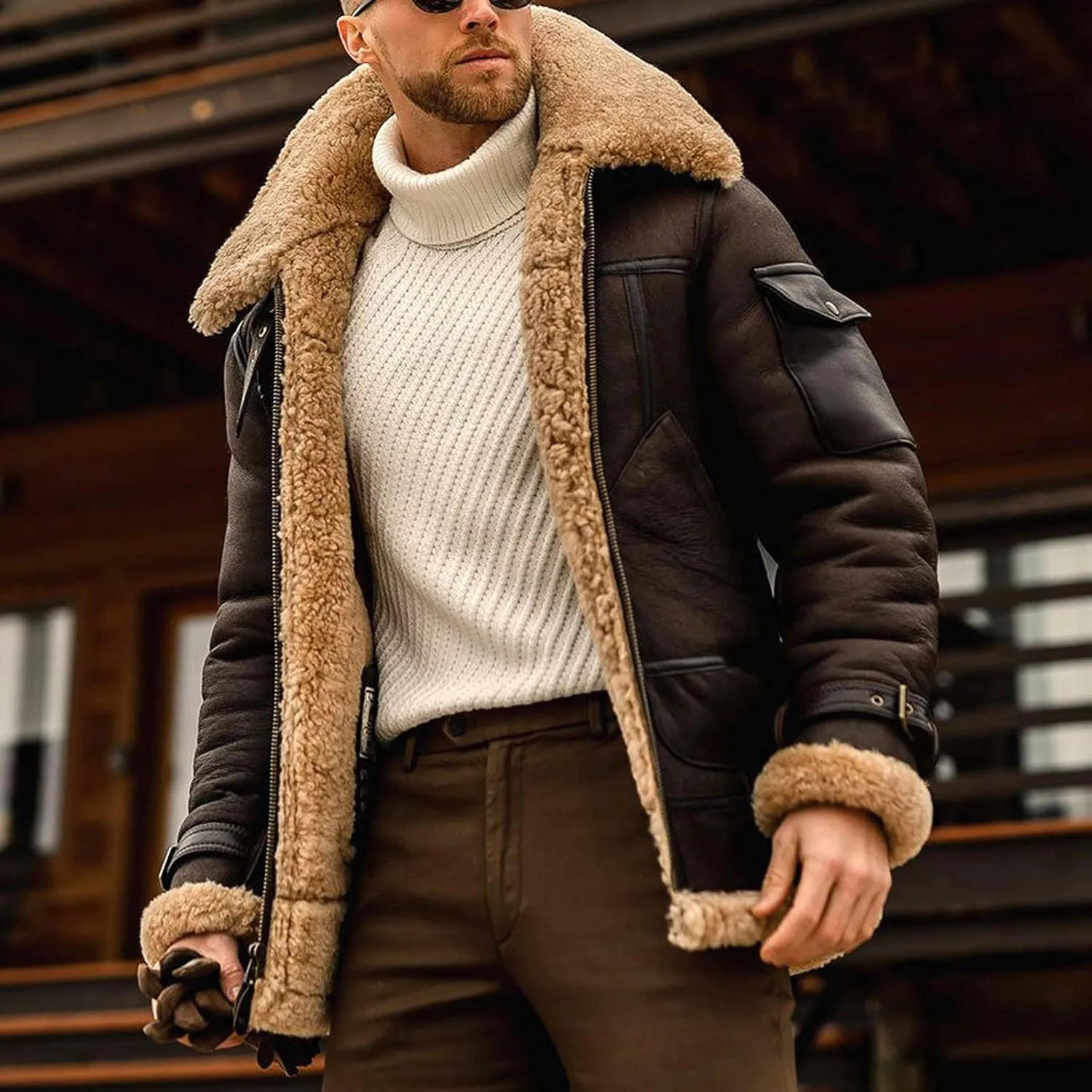 Sherpa Lined Leather Jacket Men Suede Sherpa Shearling Faux Fur Coat Stylish Winter Cargo Motor Coats Bomber Jackets