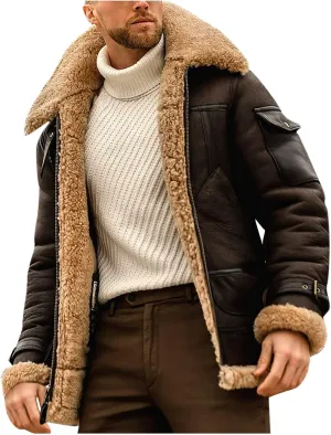 Sherpa Lined Leather Jacket Men Suede Sherpa Shearling Faux Fur Coat Stylish Winter Cargo Motor Coats Bomber Jackets