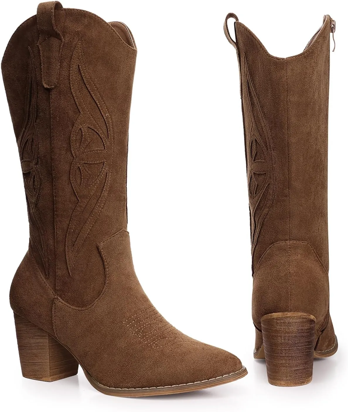 SHIBEVER Cowboy Boots for Women 2025: Black Mid Calf Cowgirl Boots Western Embroidered Country High Heel Round Toe Booties