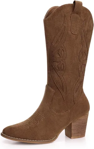SHIBEVER Cowboy Boots for Women 2025: Black Mid Calf Cowgirl Boots Western Embroidered Country High Heel Round Toe Booties