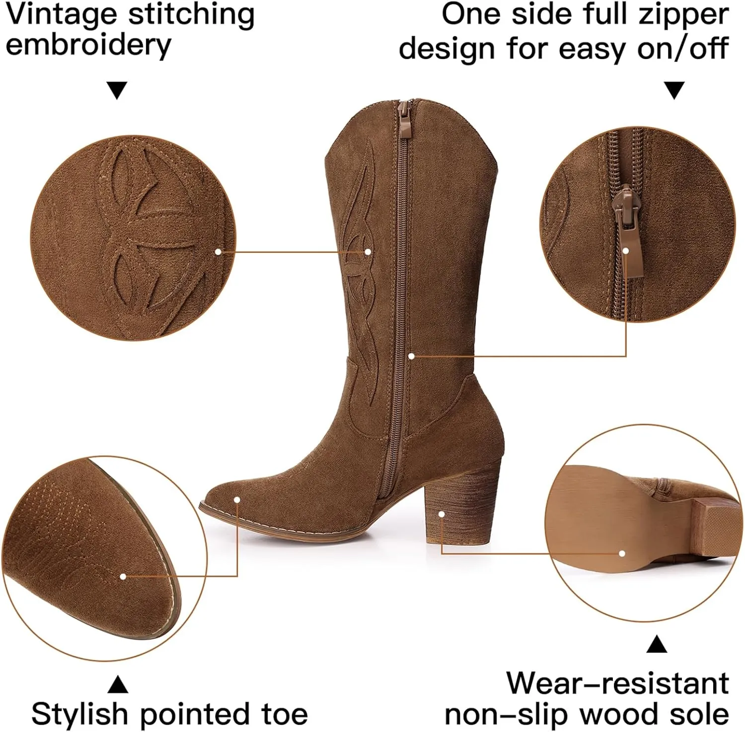 SHIBEVER Cowboy Boots for Women 2025: Black Mid Calf Cowgirl Boots Western Embroidered Country High Heel Round Toe Booties