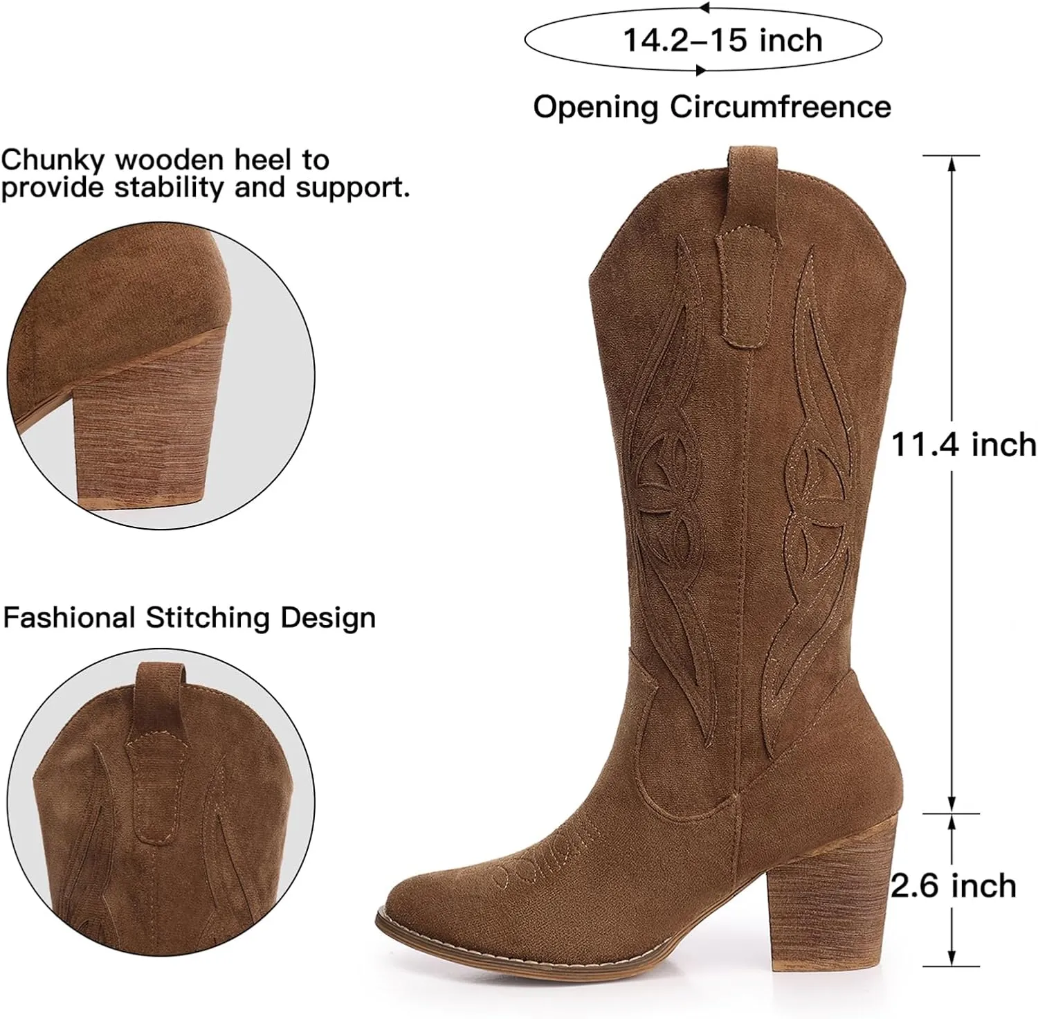SHIBEVER Cowboy Boots for Women 2025: Black Mid Calf Cowgirl Boots Western Embroidered Country High Heel Round Toe Booties