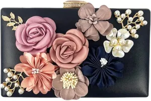 Shiiriin Women's 3D Floral Pearl Clutch Purse perfect for Bridal, Wedding, evening and Parties