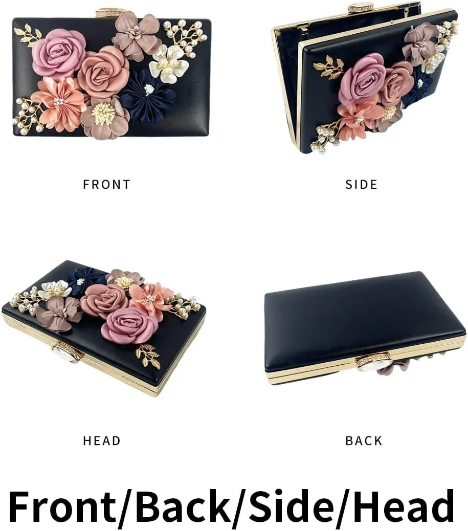 Shiiriin Women's 3D Floral Pearl Clutch Purse perfect for Bridal, Wedding, evening and Parties