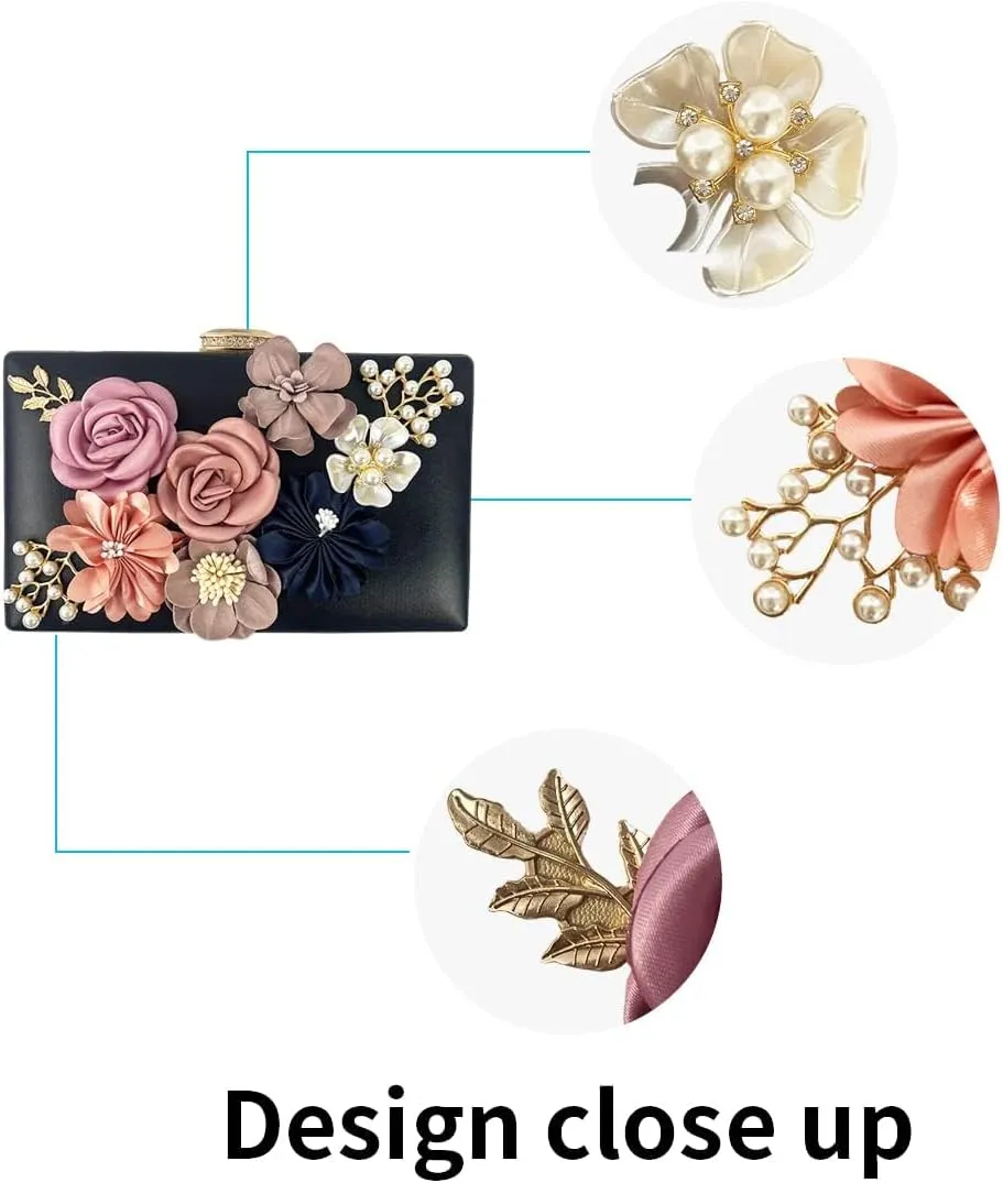 Shiiriin Women's 3D Floral Pearl Clutch Purse perfect for Bridal, Wedding, evening and Parties