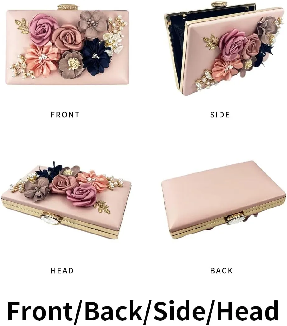Shiiriin Women's 3D Floral Pearl Clutch Purse perfect for Bridal, Wedding, evening and Parties