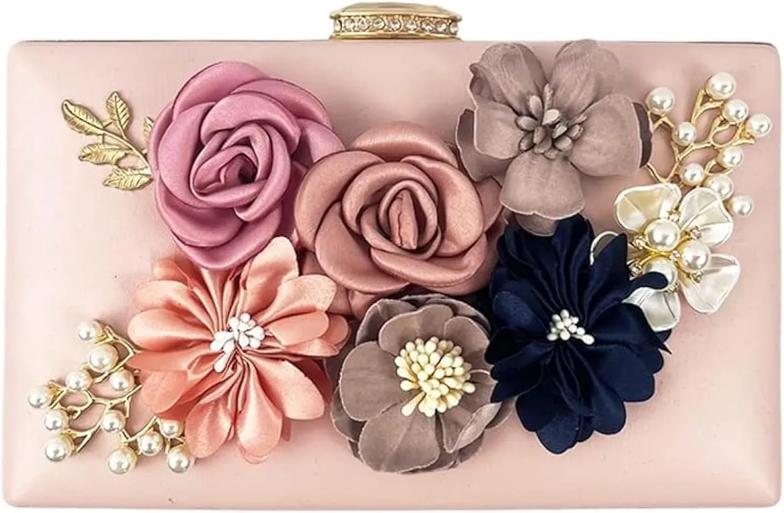 Shiiriin Women's 3D Floral Pearl Clutch Purse perfect for Bridal, Wedding, evening and Parties