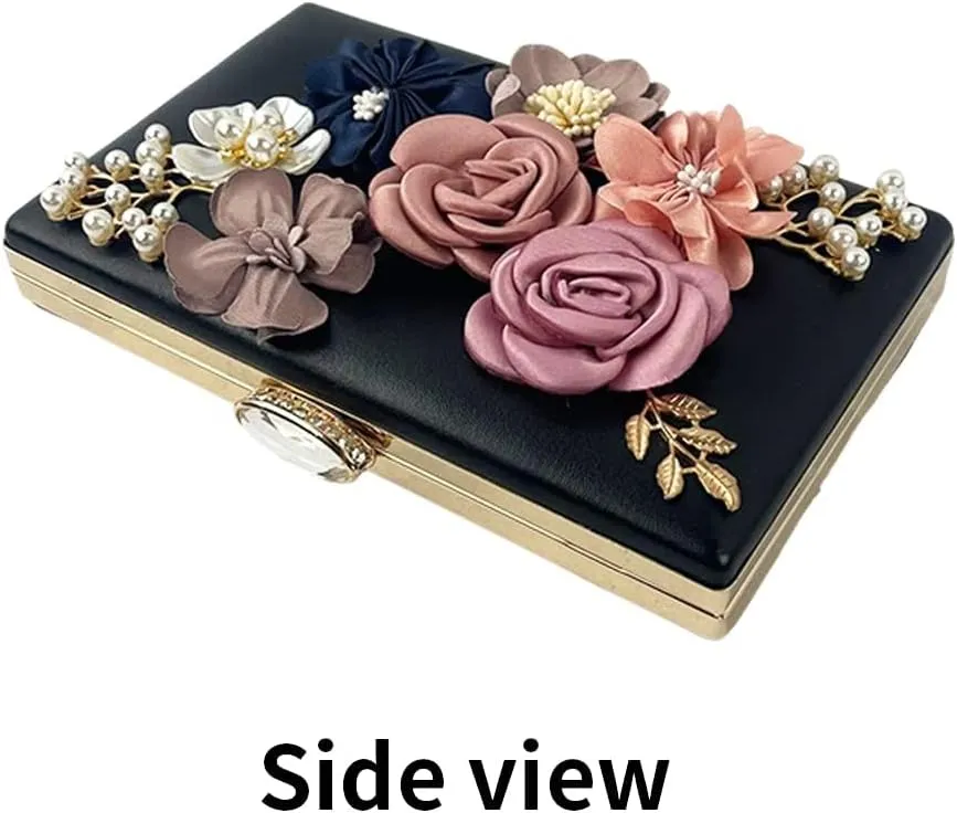 Shiiriin Women's 3D Floral Pearl Clutch Purse perfect for Bridal, Wedding, evening and Parties
