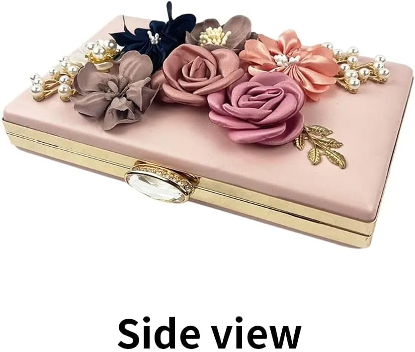 Shiiriin Women's 3D Floral Pearl Clutch Purse perfect for Bridal, Wedding, evening and Parties
