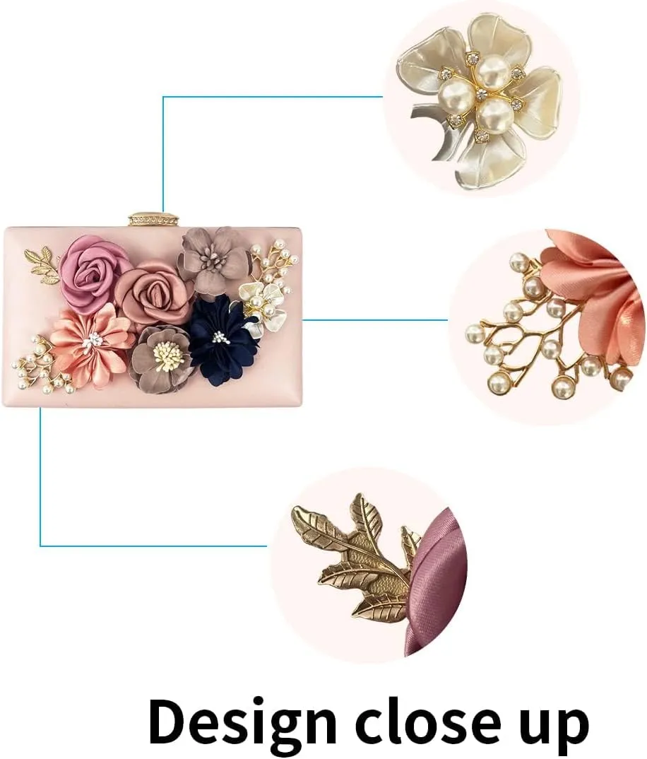 Shiiriin Women's 3D Floral Pearl Clutch Purse perfect for Bridal, Wedding, evening and Parties