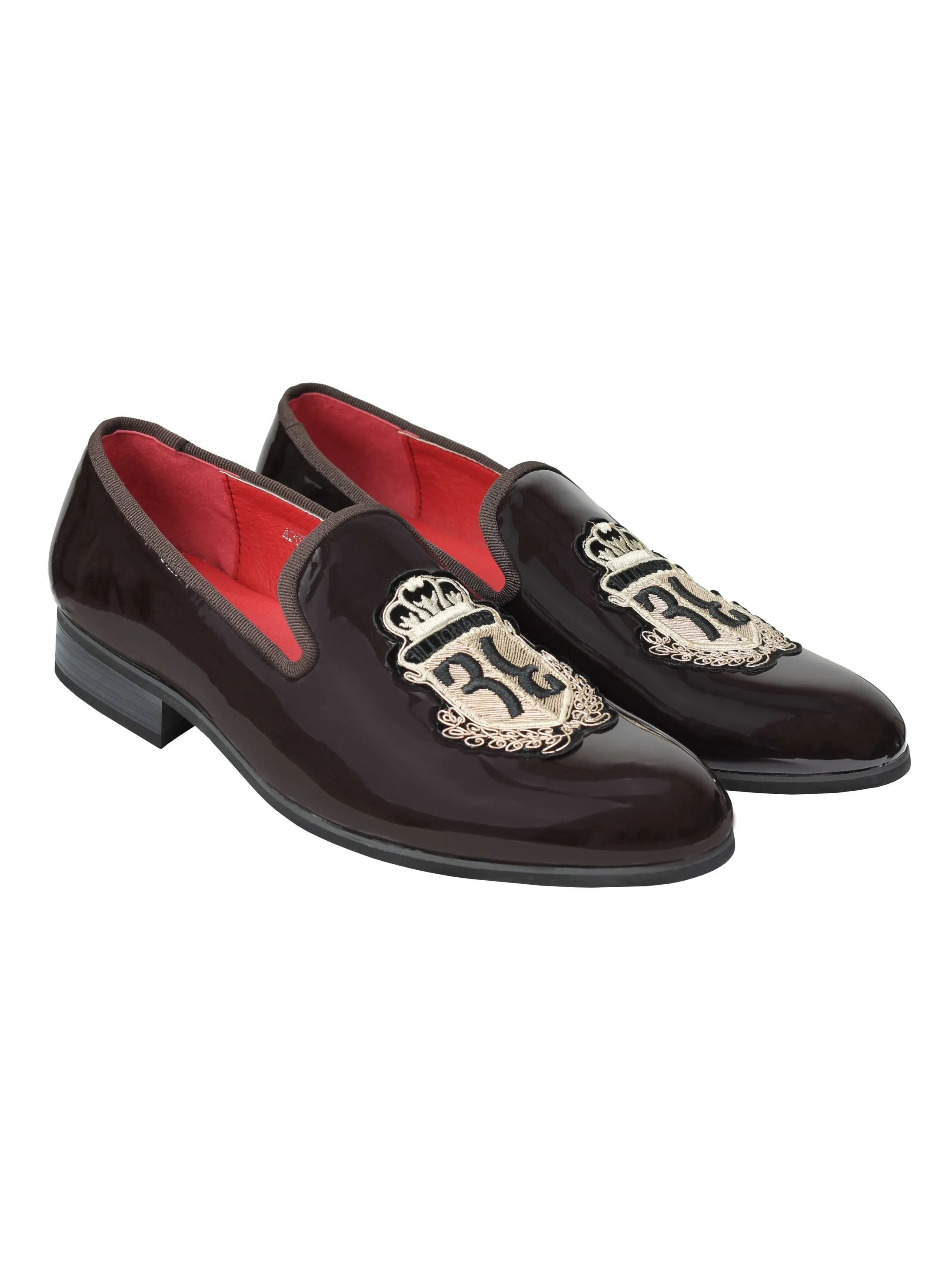 SHINY FAUX LEATHER GOLD CRUST SHOES IN BROWN