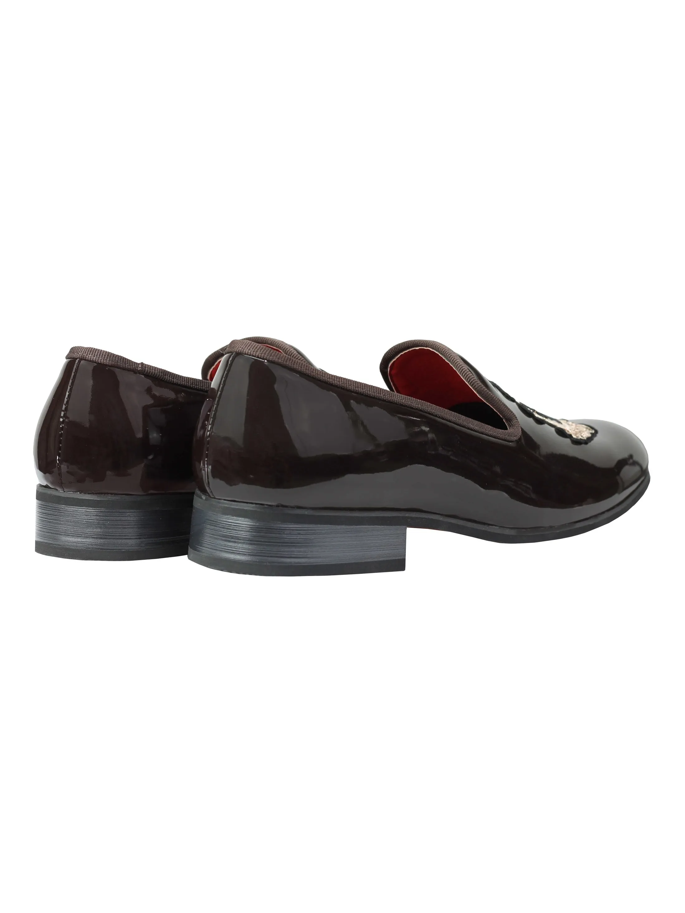 SHINY FAUX LEATHER GOLD CRUST SHOES IN BROWN