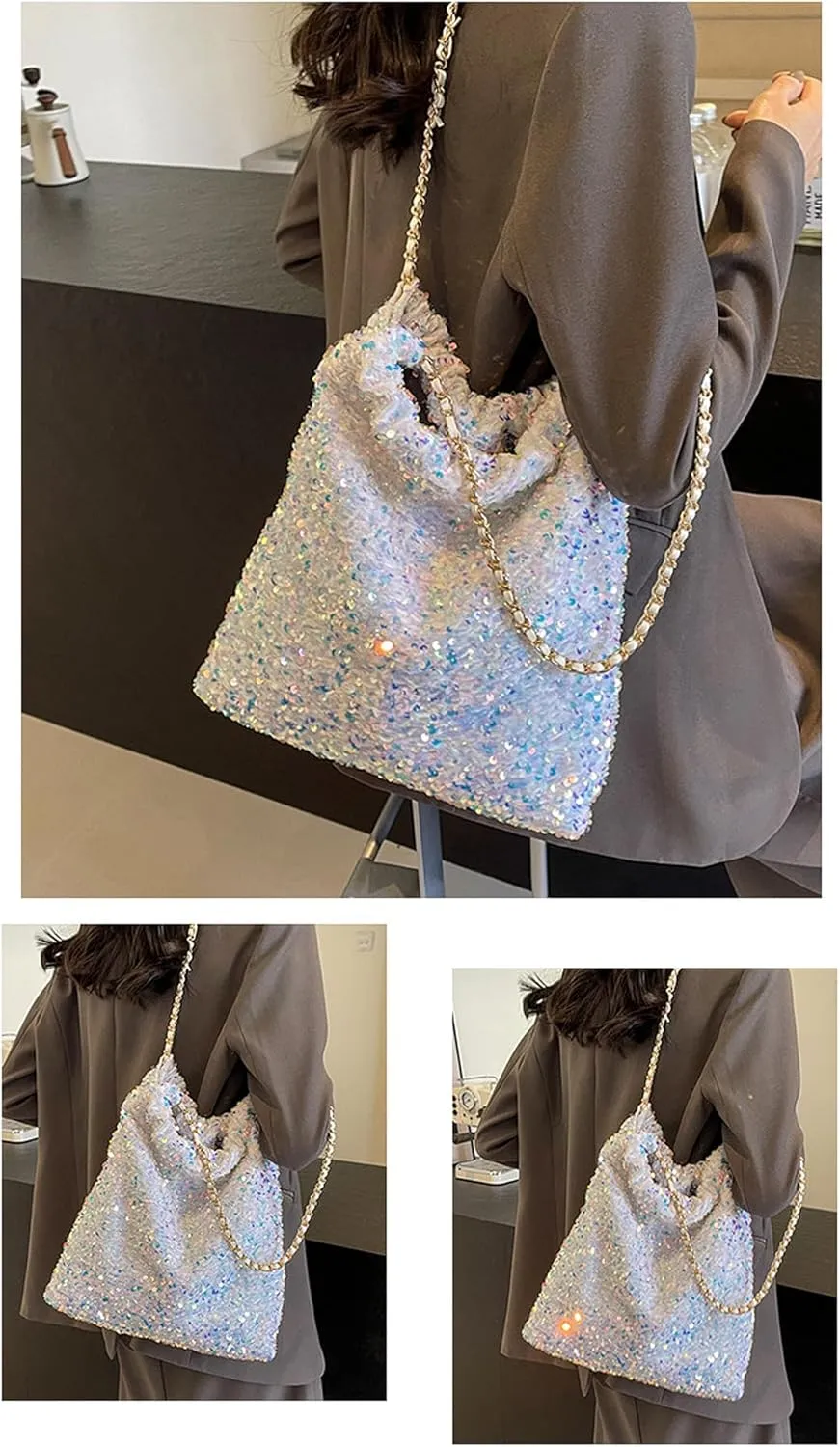 Shiny Hobo Shoulder Bag for Women Sparkle Sequins Chain Handbag Evening Bag Large Fashion Bling Tote Bags Satchel Purse