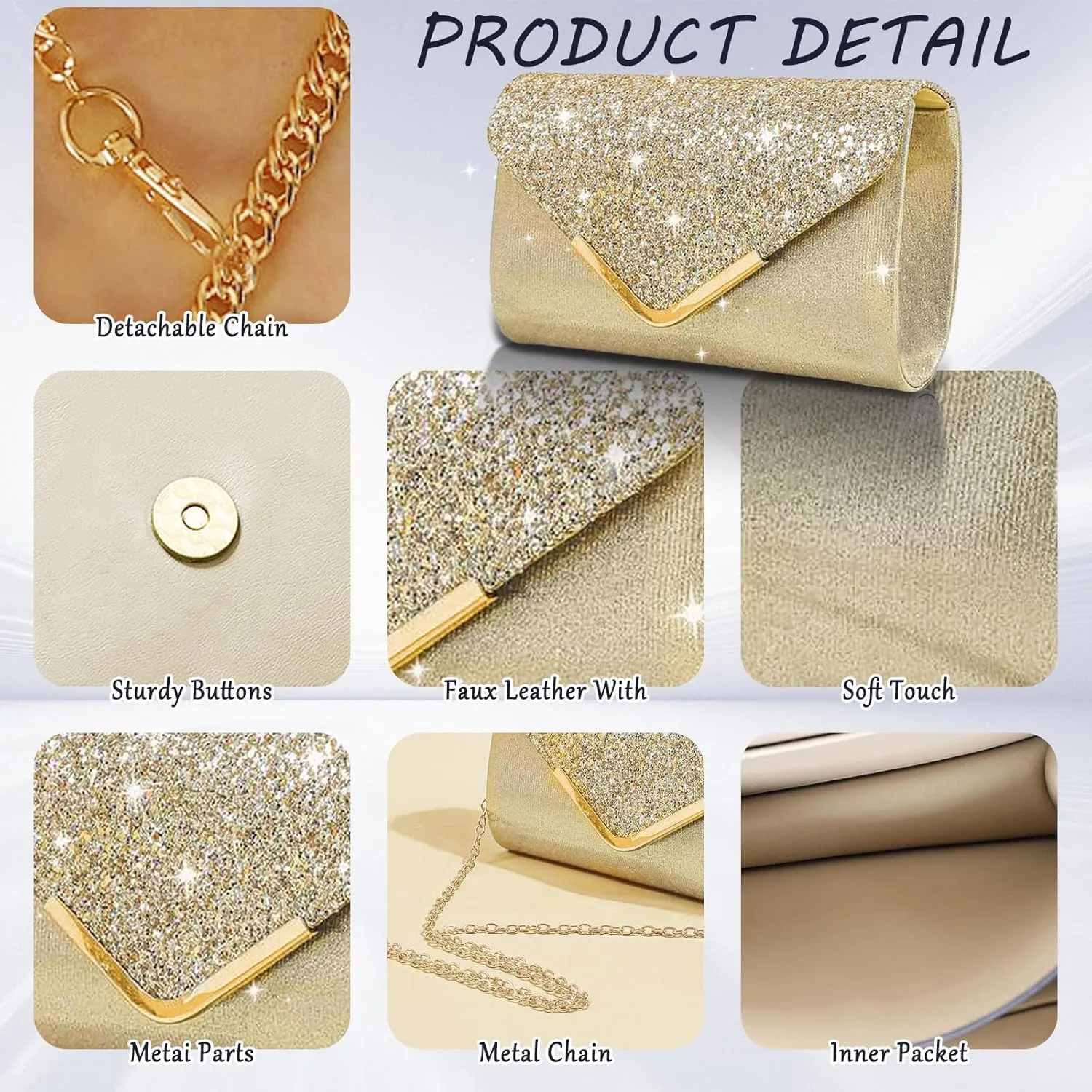 Shiny Sequin Envelope Clutch - Glitter Evening Bag with Chain for Wedding, Formal, Cocktail Party