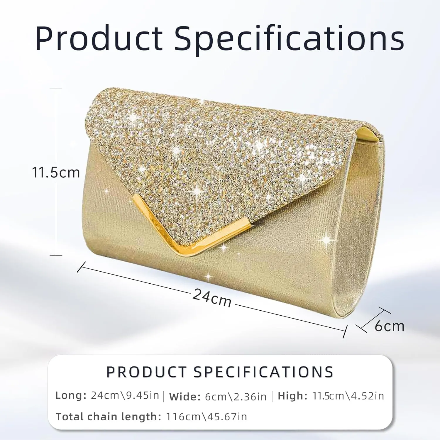 Shiny Sequin Envelope Clutch - Glitter Evening Bag with Chain for Wedding, Formal, Cocktail Party