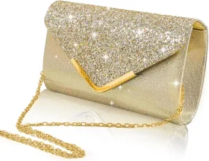 Shiny Sequin Envelope Clutch - Glitter Evening Bag with Chain for Wedding, Formal, Cocktail Party
